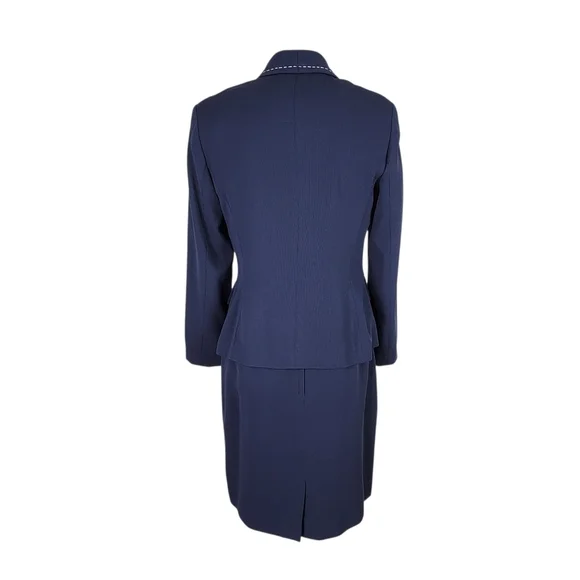 Kasper ASL Skirt Suit 6 Navy White Thick Stitch Flap Pockets Ribbed Long Sleeve - Picture 5 of 8